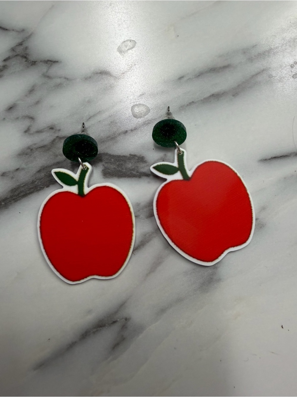 Kids Red Apple Dangle Earrings - Green Top